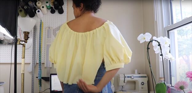 how to sew a beautiful cecilie bahnsen dress out of an old bedsheet, Trying on the dress bodice to check the fit