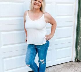 sharing a fun casual and trendy look on a budget, Cami and distressed jeans