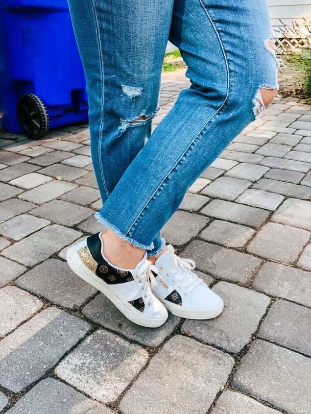 sharing a fun casual and trendy look on a budget, Guess glitter sneakers