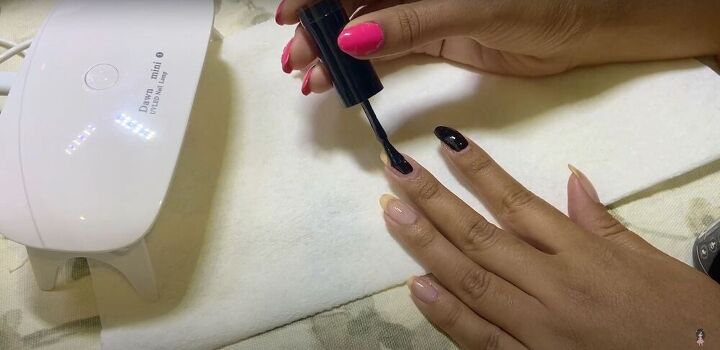 try this easy cherry blossom nail art to create blissful sakura nails, Applying black gel nailpolish