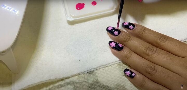 try this easy cherry blossom nail art to create blissful sakura nails, Black cherry blossom nail design
