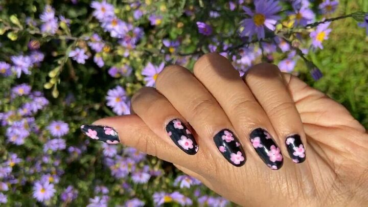 try this easy cherry blossom nail art to create blissful sakura nails, Black cherry blossom nail art