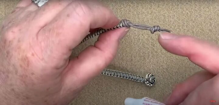 how to make macrame bracelets with rhinestone detail easy tutorial, Knotting and cutting the leather