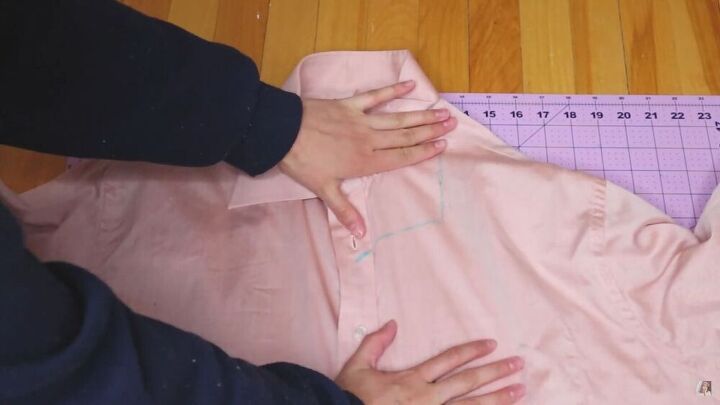 how to make a top from a men s shirt diy vintage blouse tutorial, Marking the new neckline on the shirt