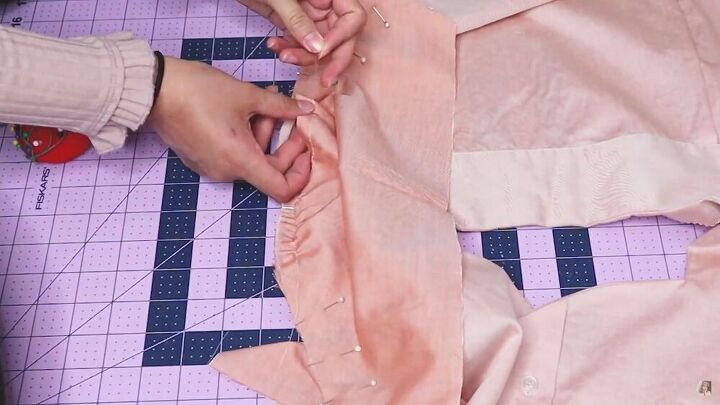 how to make a top from a men s shirt diy vintage blouse tutorial, Gathering the fabric to make ruffled sleeves