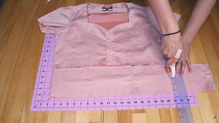 how to make a top from a men s shirt diy vintage blouse tutorial, Measuring the waistband against the blouse