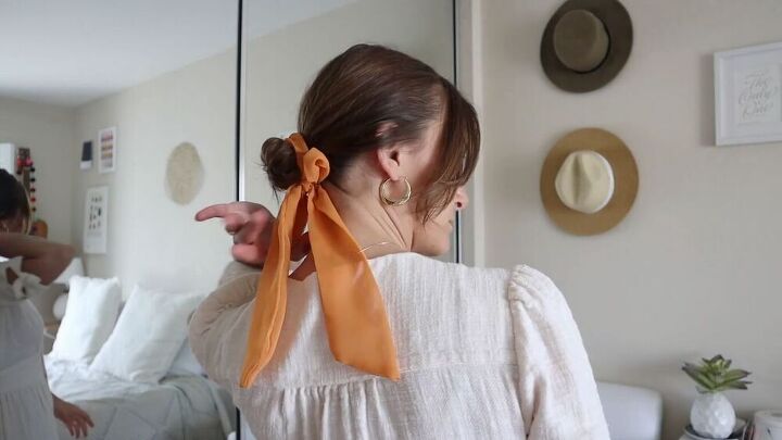 how to make your own hair ties plus 11 pretty hair bow styles to try, DIY hair tie 2 low bun with long ends