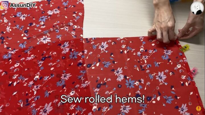 how to sew a floaty chiffon top perfect for hot weather, Rolling the hems of the fabric to sew