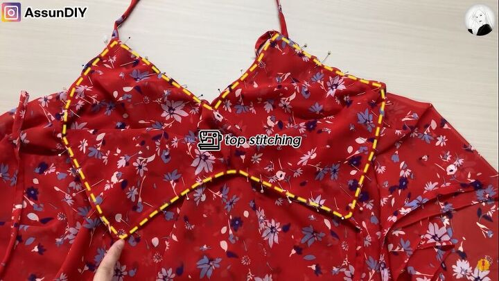 how to sew a floaty chiffon top perfect for hot weather, Markings show where to add a topstitch
