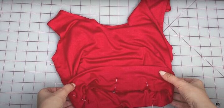 how to sew a crop top from scratch simple step by step tutorial, Pinning the waistband to the bottom edge