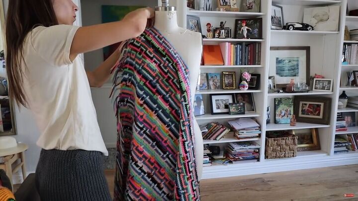 this astonishing diy crochet dress was actually made from old blankets, Wrapping the crochet blanket on a mannequin
