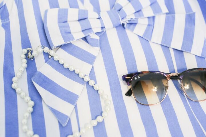southern belle in bows and stripes, Crown Ivy Bow Shift Dress RayBan Clubmaster Pearl Necklace