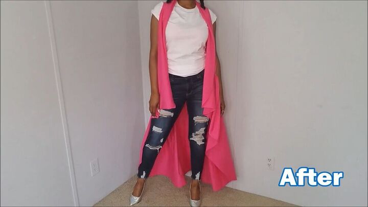 how to make a long cardigan absolutely no sewing required, Long cardigan with t shirt and jeans