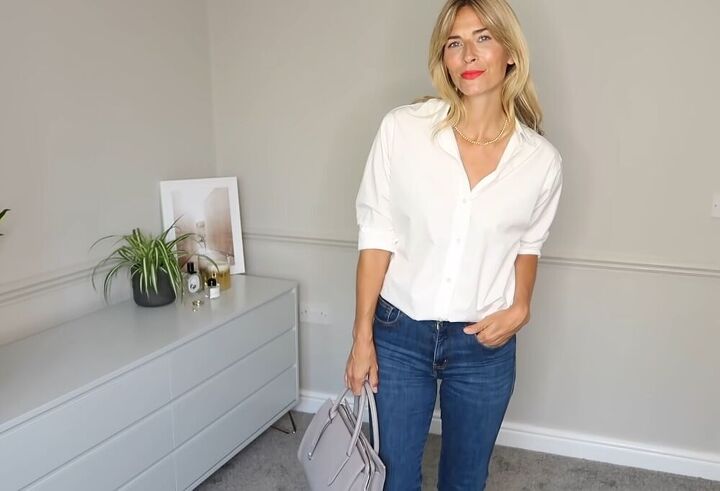 12 elegant french style outfits to help you dress like a french woman, A crisp white shirt with denim jeans