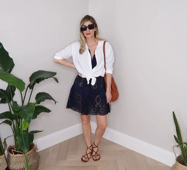 12 cute ways to wear a button down shirt in summer, White button down shirt with a dress
