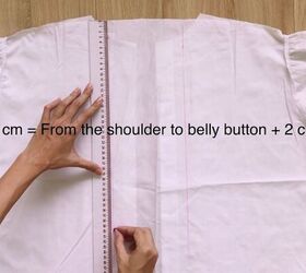 make this cute puff sleeve crop top out of an old men s shirt, Marking the length of the shirt