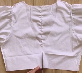 make this cute puff sleeve crop top out of an old men s shirt, Cutting off the excess fabric