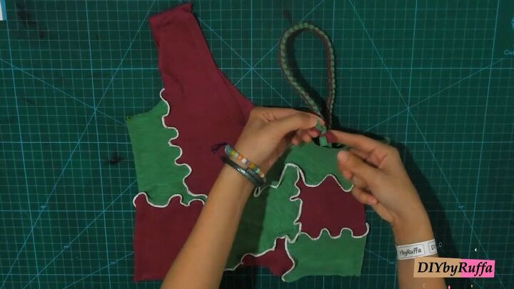 how to make a funky diy patchwork top from two old t shirts, Attaching the strap to the patchwork top