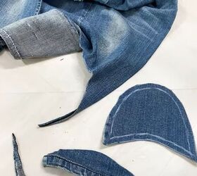 how to turn old flip flops jeans into cute diy denim sandals, Cutting the fabric pieces out of old jeans