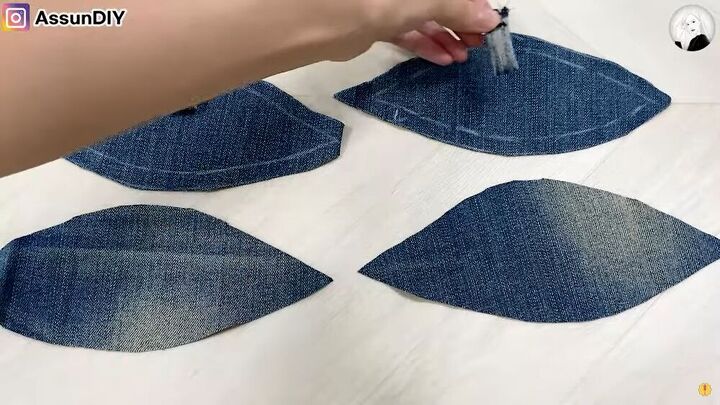 how to turn old flip flops jeans into cute diy denim sandals, Fabric pieces for the back of the denim shoes