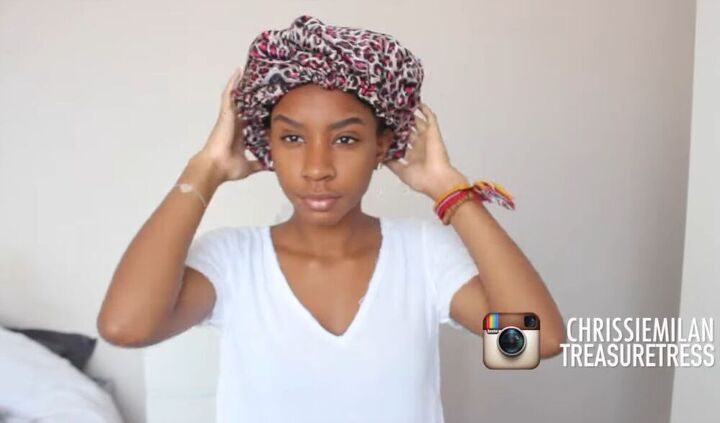 how to make an afro look full voluminous perfect afro tutorial, Wearing a silk bonnet to lock in moisture