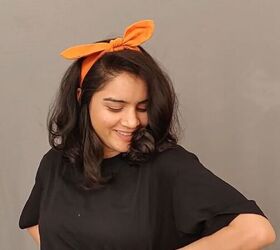 make a diy cropped jacket headband from your dad s old shirt, Tying the headband into a bow