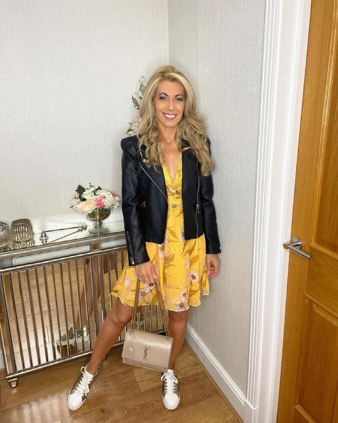 yellow dress with black leather jacket Images vs Outfit ? Get the look! Faux Leather Shirt Dress: @zara Yellow stocking: The Party Shop Jodie Leather Bag: @vanto.store Yellow heels @socratishoes #fauxleathershirtdress #nenyellowstockings #leatherbag #neonyellowheels #chicandstylish