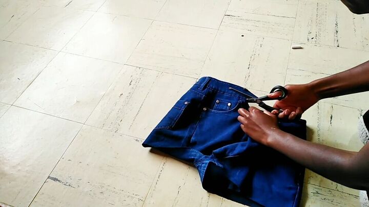 how to easily make a dungaree dress from old jeans, Cutting out the waistband to make straps