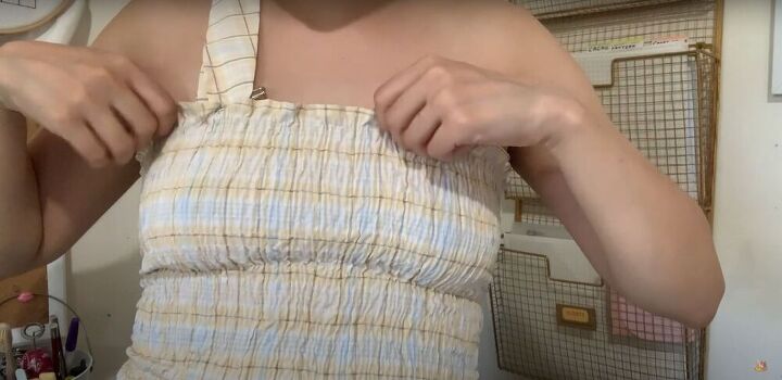 how to make a shirred tube top from an old men s shirt, Placing straps on the DIY shirred tube top