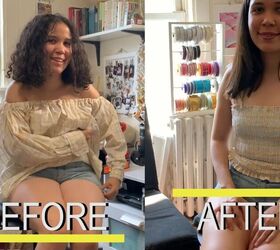 how to make a shirred tube top from an old men s shirt, Before and after DIY shirred tube top
