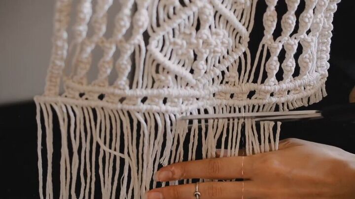 use this relaxing diy macrame purse tutorial to make a unique bag, Cutting the ends off the macrame yarn