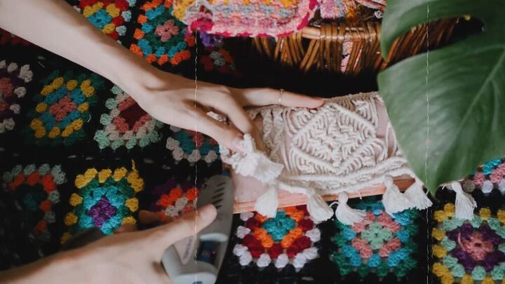 use this relaxing diy macrame purse tutorial to make a unique bag, Attaching the macrame to the purse