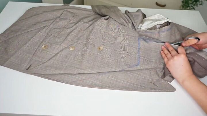 how to sew a blazer dress pants from your dad s old suit, Cutting the bust line of the blazer