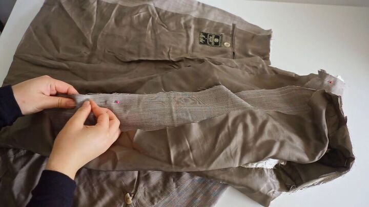 how to sew a blazer dress pants from your dad s old suit, Pinning the seams both fabric and lining