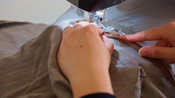 how to sew a blazer dress pants from your dad s old suit, Sewing the bias binding into the blazer dress