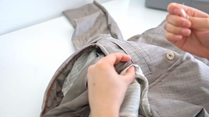 how to sew a blazer dress pants from your dad s old suit, Sewing the exposed shoulder seam closed