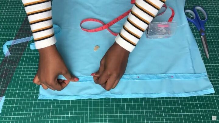 how to sew a shirred top simple step by step tutorial, Pinning strips of fabric to the top sleeves