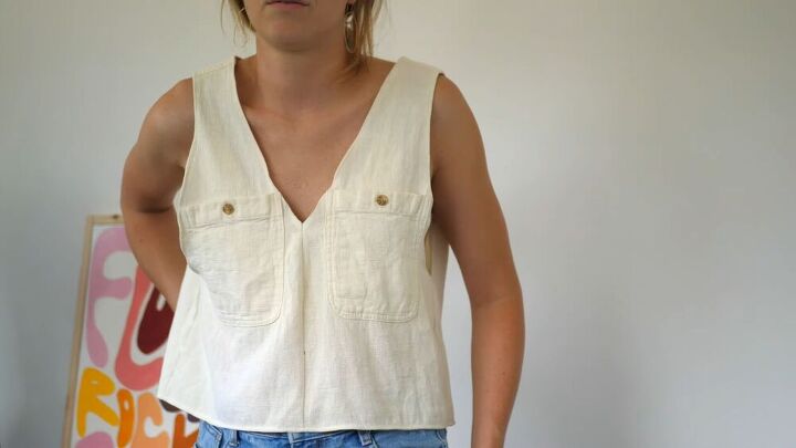 3 easy tutorials on upcycling clothes how to make diy keepsakes, The finished DIY tank top from a men s shirt