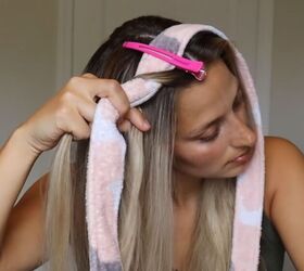how to create perfect overnight heatless curls with the wrap method, Pinning the robe on top of the head