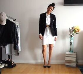 how to style a shirt dress 24 different ways, Shirt dress with a belt and blazer