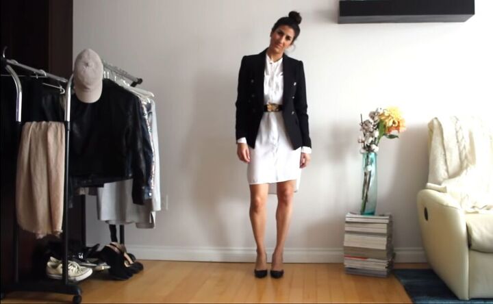 how to style a shirt dress 24 different ways, Shirt dress with a belt and blazer