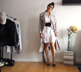 how to style a shirt dress 24 different ways, Shirt dress with a wide belt and trench coat