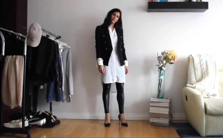 how to style a shirt dress 24 different ways, Shirt dress with leggings and a blazer