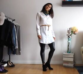 how to style a shirt dress 24 different ways, Shirt dress with leggings and a skinny belt