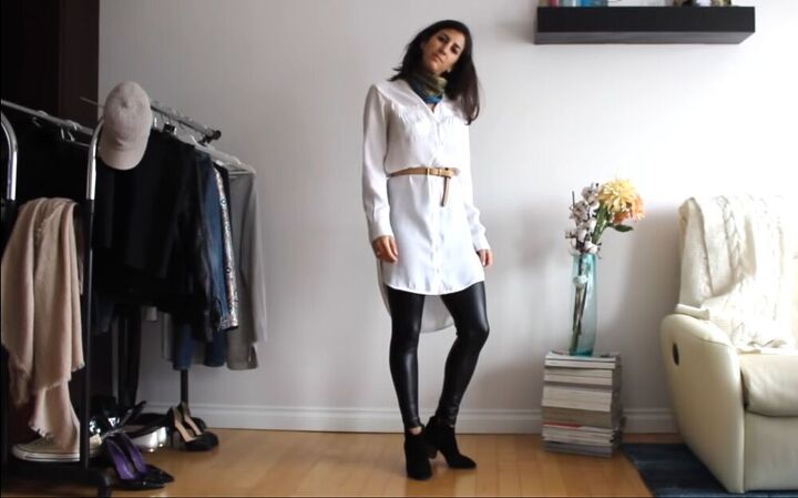 how to style a shirt dress 24 different ways, Shirt dress with leggings and a skinny belt