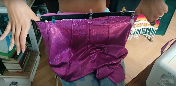 how to sew pants the fun sparkly disco way, Pinning the waistband inside the pants