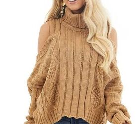 mid lifer and millennial fashion, To Shop This Sweater Click Here Camel Cold Shoulder Long Sleeve Sweater with Turtleneck by Lime Lush