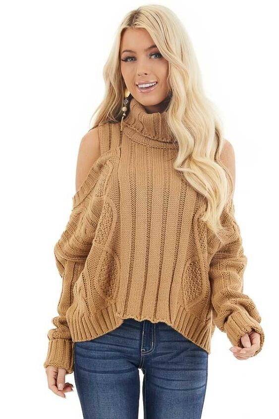 mid lifer and millennial fashion, To Shop This Sweater Click Here Camel Cold Shoulder Long Sleeve Sweater with Turtleneck by Lime Lush