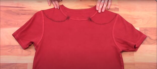 3 no sew diy t shirt cutting ideas that will give your tees new life, Drawing curved lines from neck to shoulders