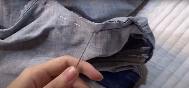 how to make low waisted jeans high waisted in 3 easy steps, Hand sewing a backstitch along the crotch